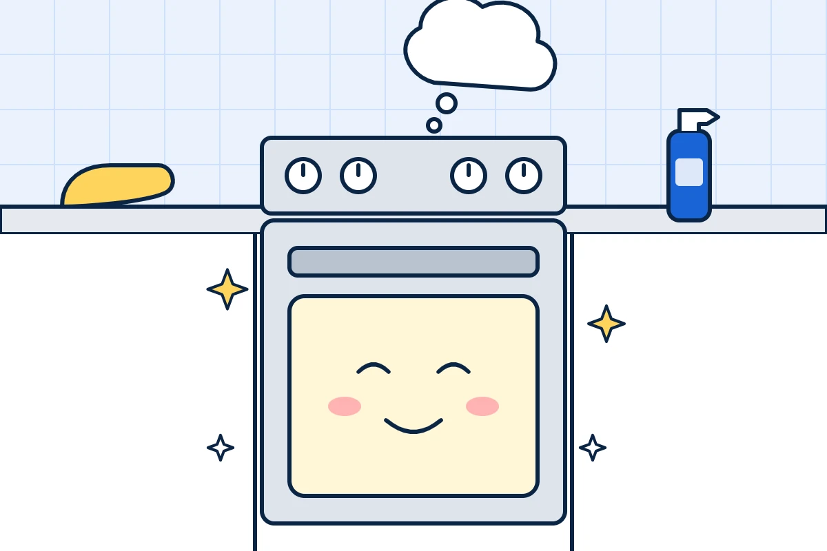 Cartoon of a sparkling clean oven with a relieved, smiling face