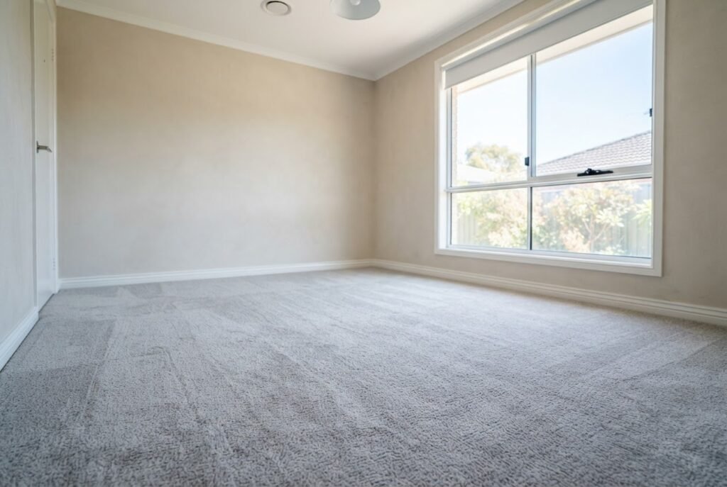 Freshly cleaned light grey carpet in an empty bedroom