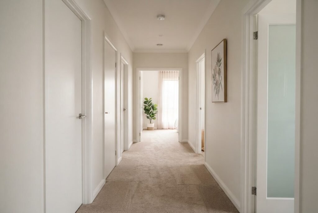 Clean carpeted hallway leading to bedrooms