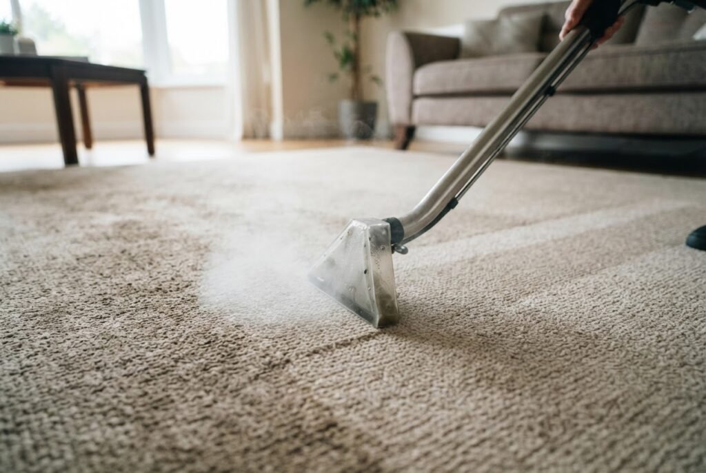 Carpet cleaning wand passing over a beige living-room carpet