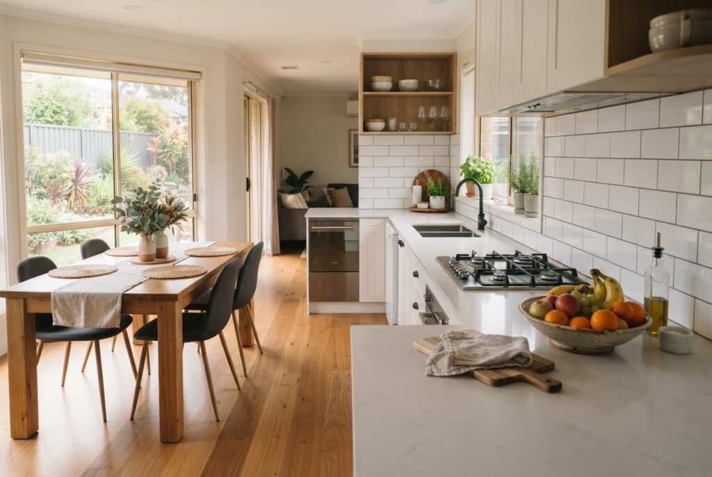 Clean family kitchen with a white stone benchtop, gas cooktop and dining table