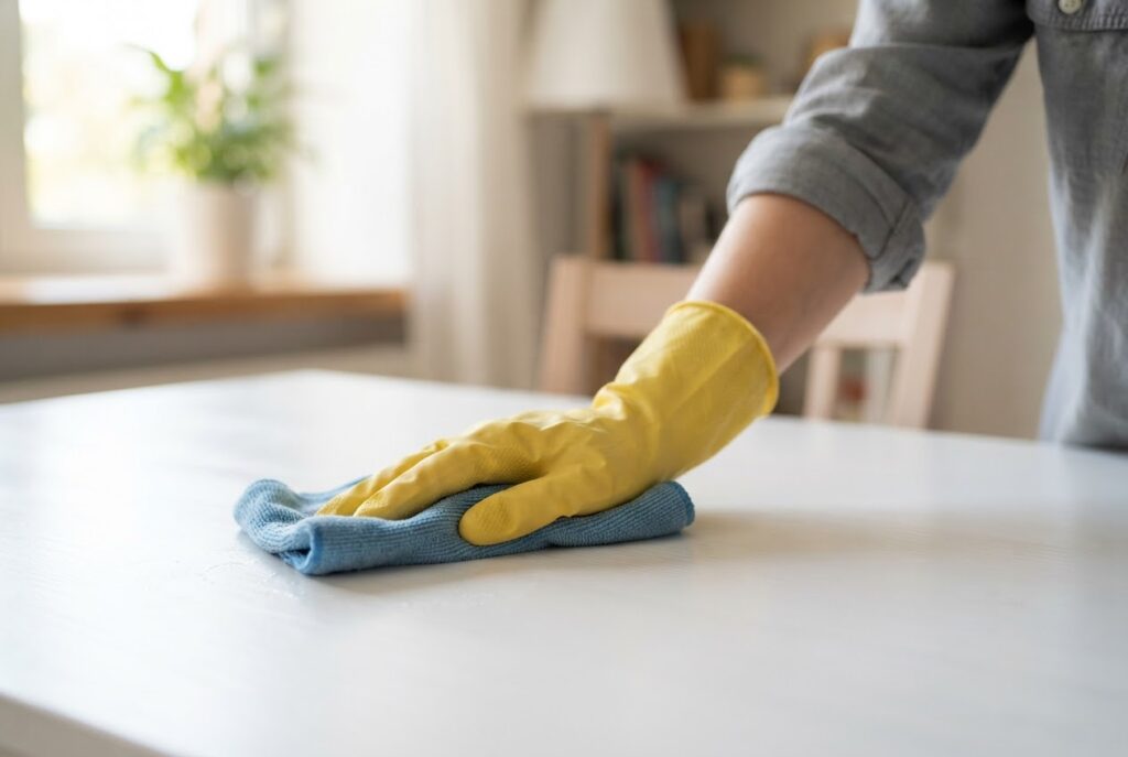 Gloved hand wiping a white table with a blue microfibre cloth