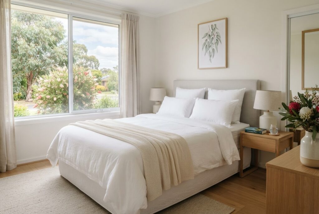 Neatly made bed with white linen in a bright, tidy bedroom