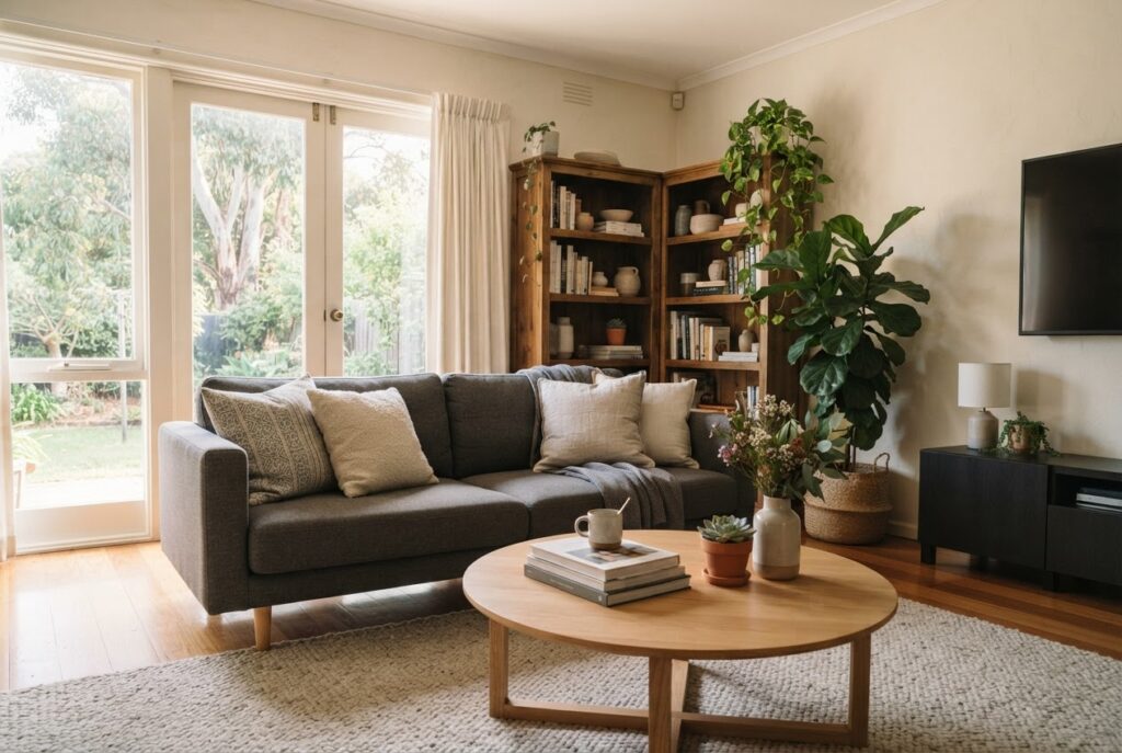 Tidy living room with a grey sofa, round timber coffee table and indoor plants