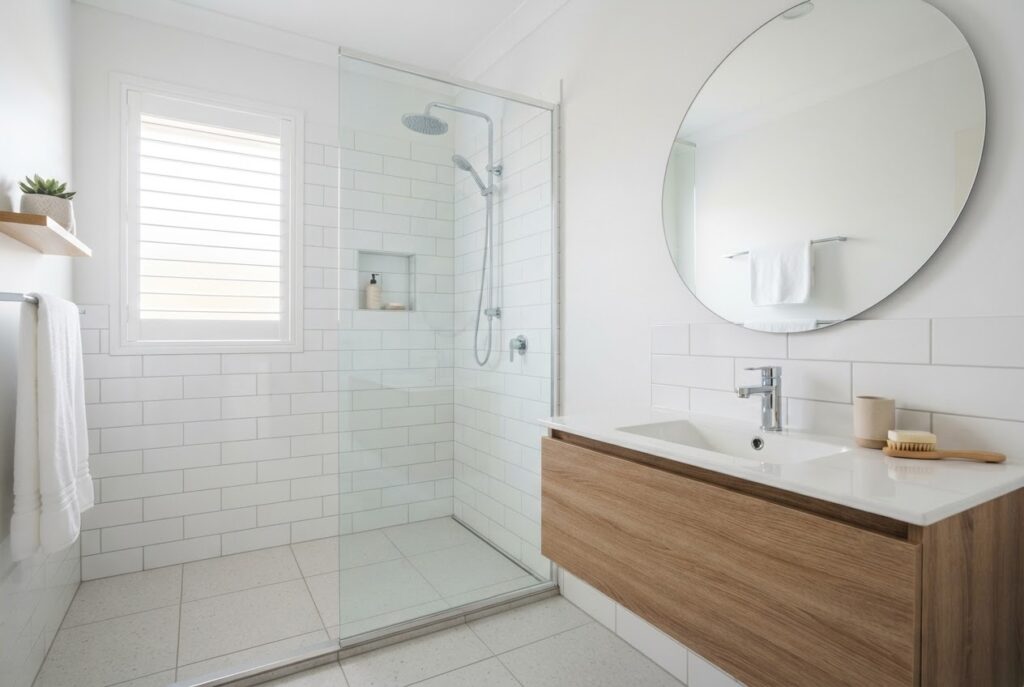 Clean bathroom with a frameless glass shower screen, white tiles and a timber vanity