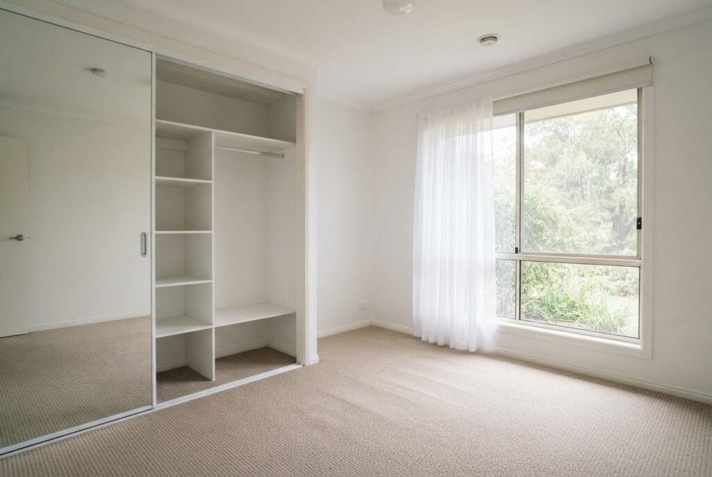 Empty bedroom with an open, cleaned built-in wardrobe and vacuumed carpet