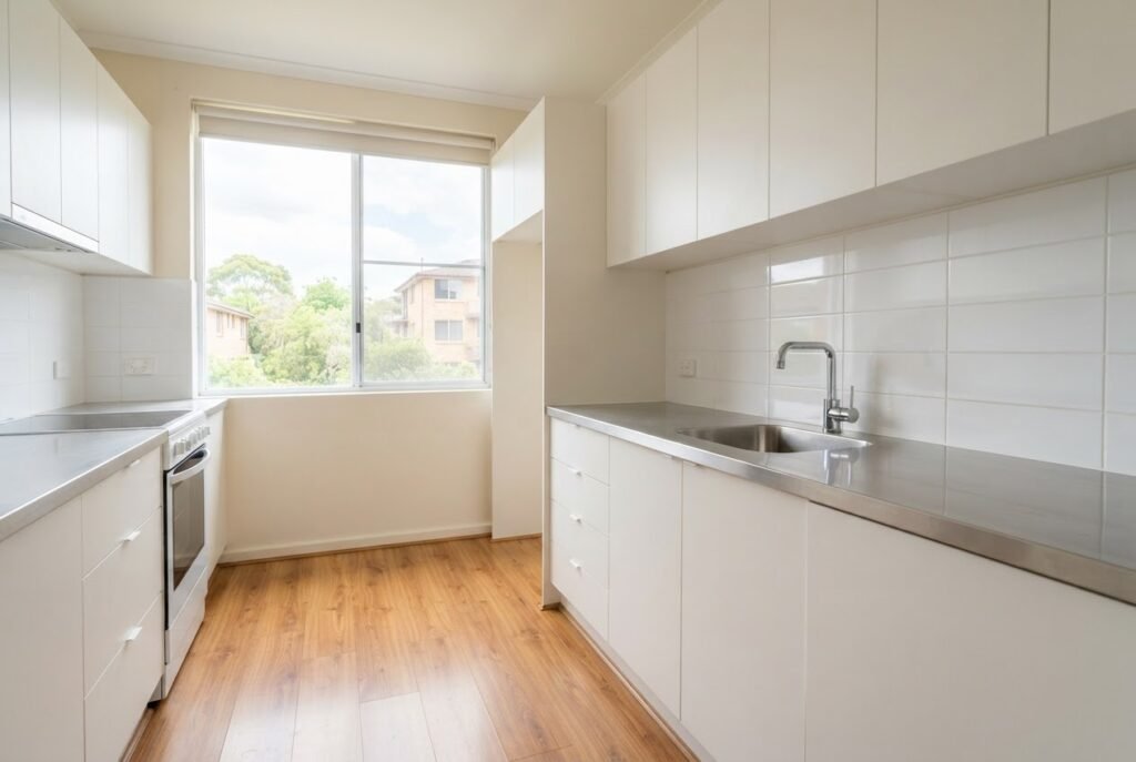 Empty, freshly cleaned apartment kitchen with white cupboards and a stainless-steel benchtop
