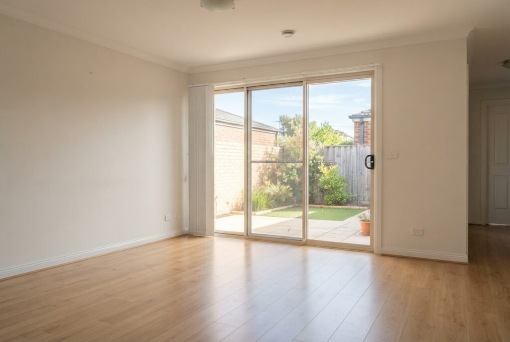 Empty living room with clean timber-look floors and a sliding door to a courtyard