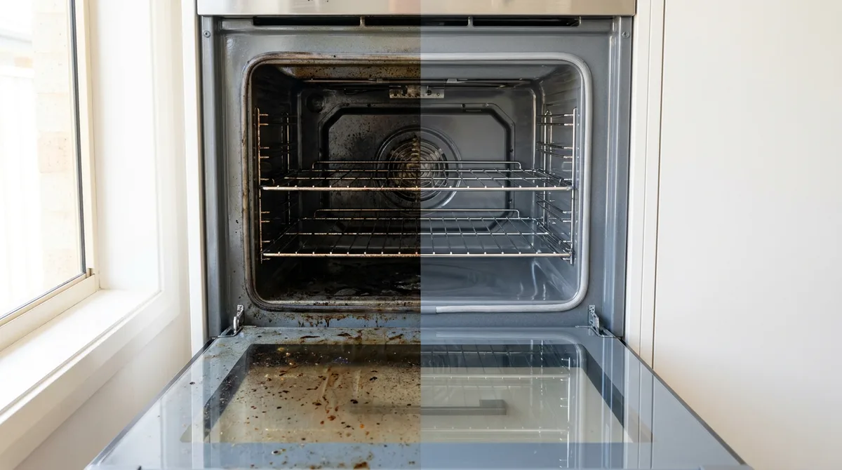 Oven interior half covered in baked-on grease, half cleaned