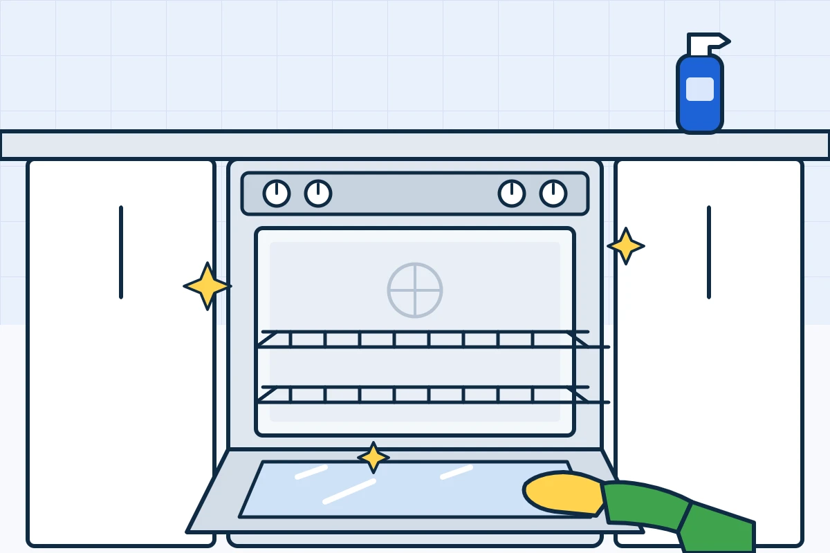 Illustration of a clean oven with the racks pulled out and a gloved hand wiping the door glass