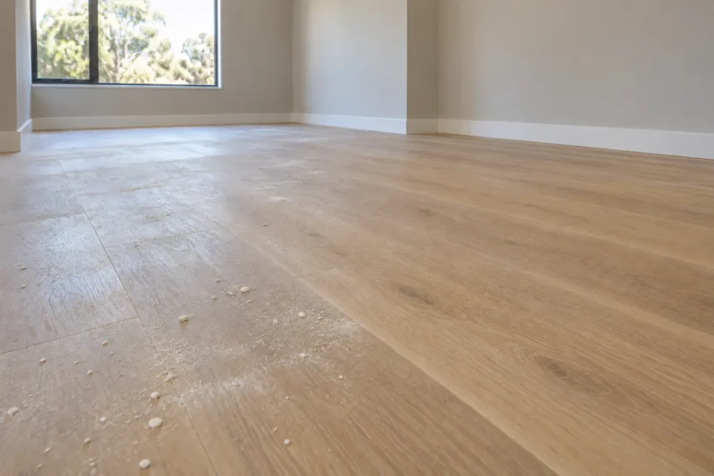 Plaster crumbs and dust on a new oak-look floor in an empty room – builders cleaning in Balaclava