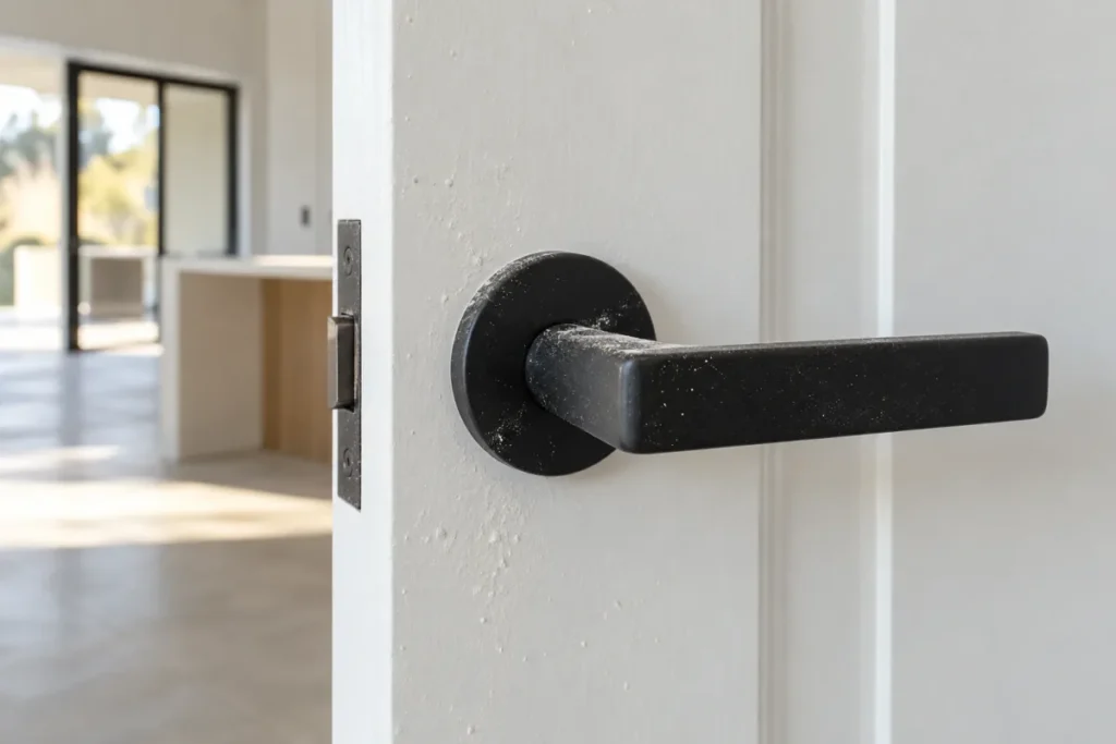 Black lever door handle and white door flecked with plaster specks – builders cleaning in Balwyn