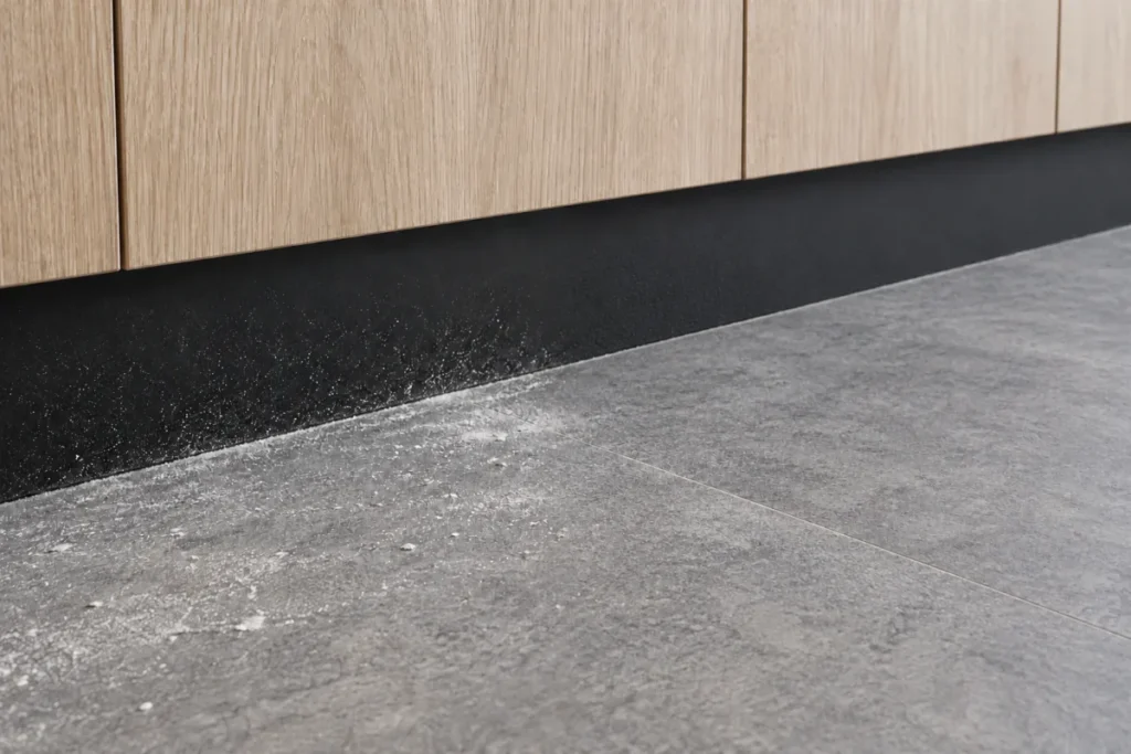 Black kitchen plinth and grey floor tiles dusted with white plaster – builders cleaning in Braybrook