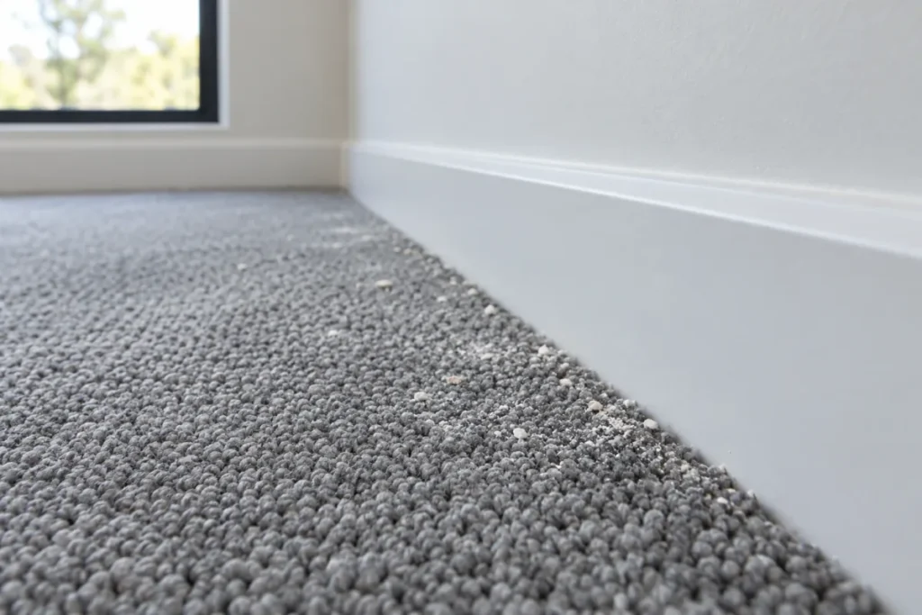 New grey loop-pile carpet with plaster crumbs along the skirting – builders cleaning in Caroline Springs