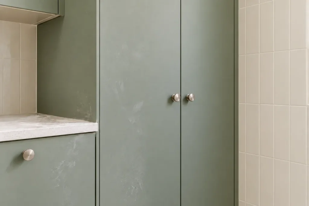Sage green laundry cupboard doors smeared with pale construction dust – builders cleaning in Deer Park