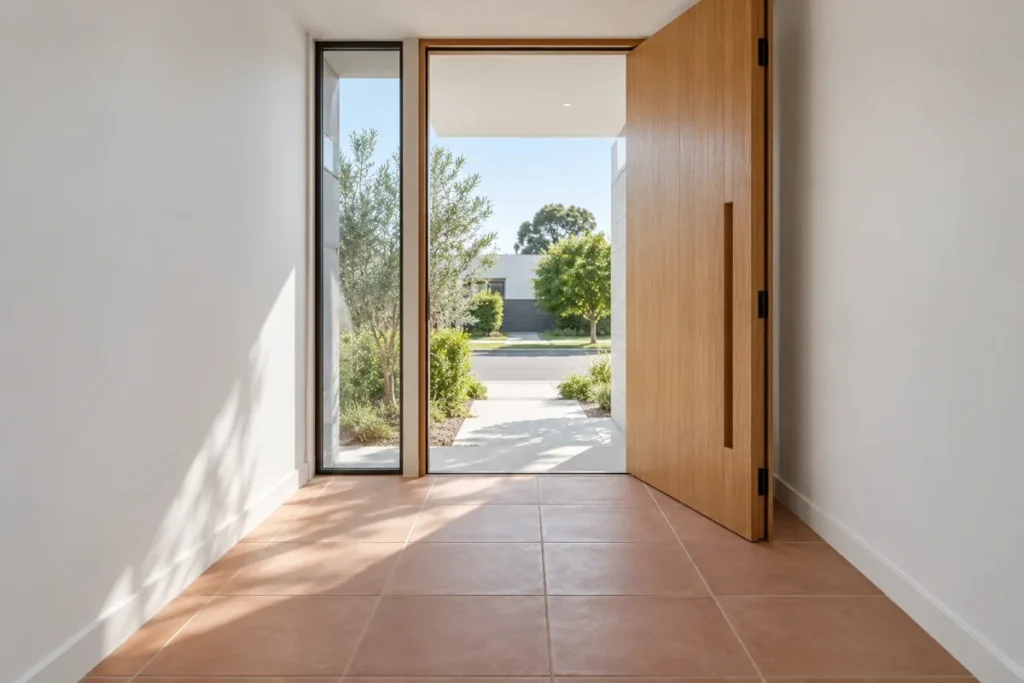Clean tiled entry with a tall timber front door open to the garden – builders cleaning in Elsternwick