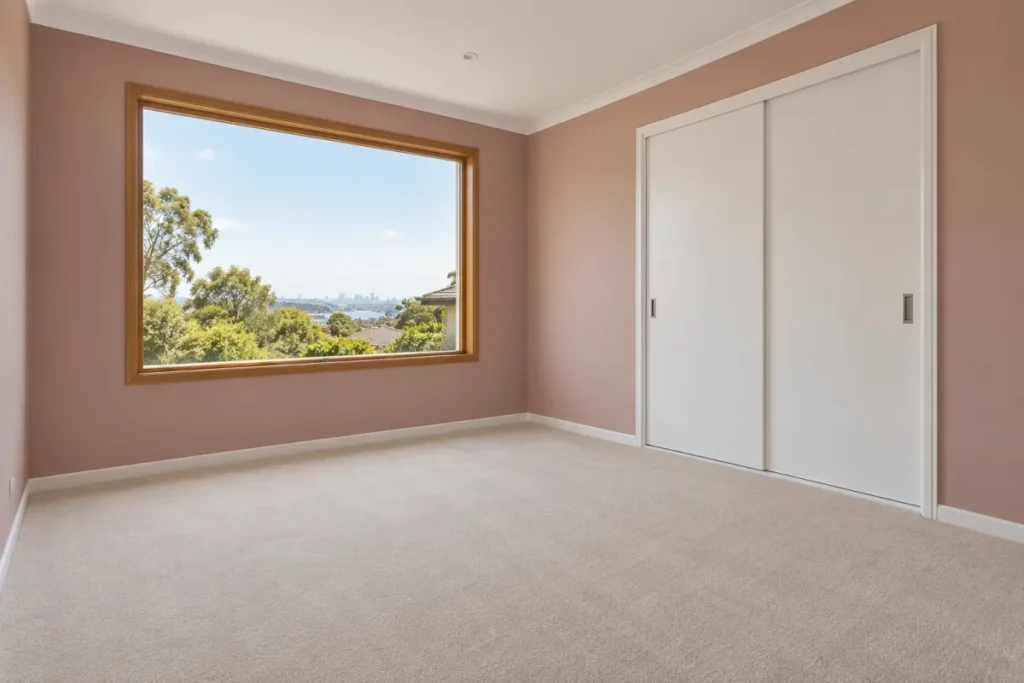Clean empty bedroom with new carpet, a large window and sliding robes – builders cleaning in Footscray