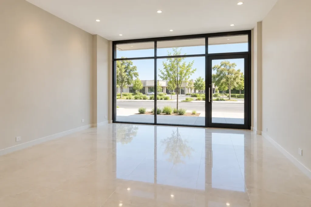 Clean empty shop interior with a glossy tiled floor and glass shopfront – builders cleaning in Greensborough