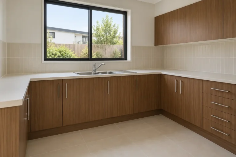 Clean new L-shaped kitchen with timber cabinets and a double sink – builders cleaning