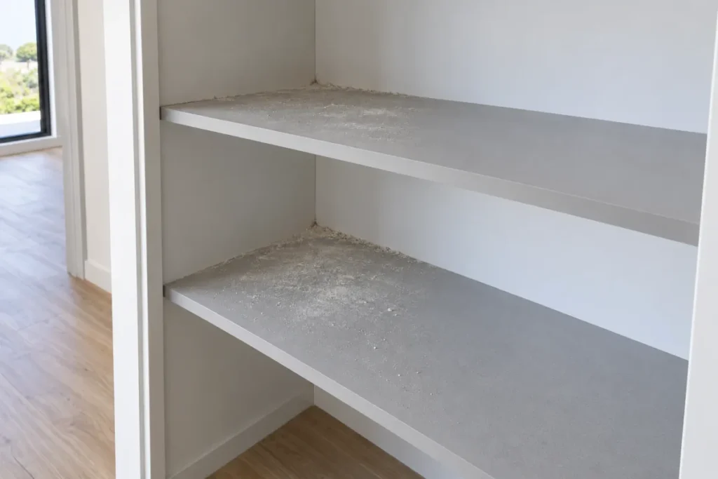 Two grey built-in wardrobe shelves with construction dust in the corners – builders cleaning in Hoppers Crossing