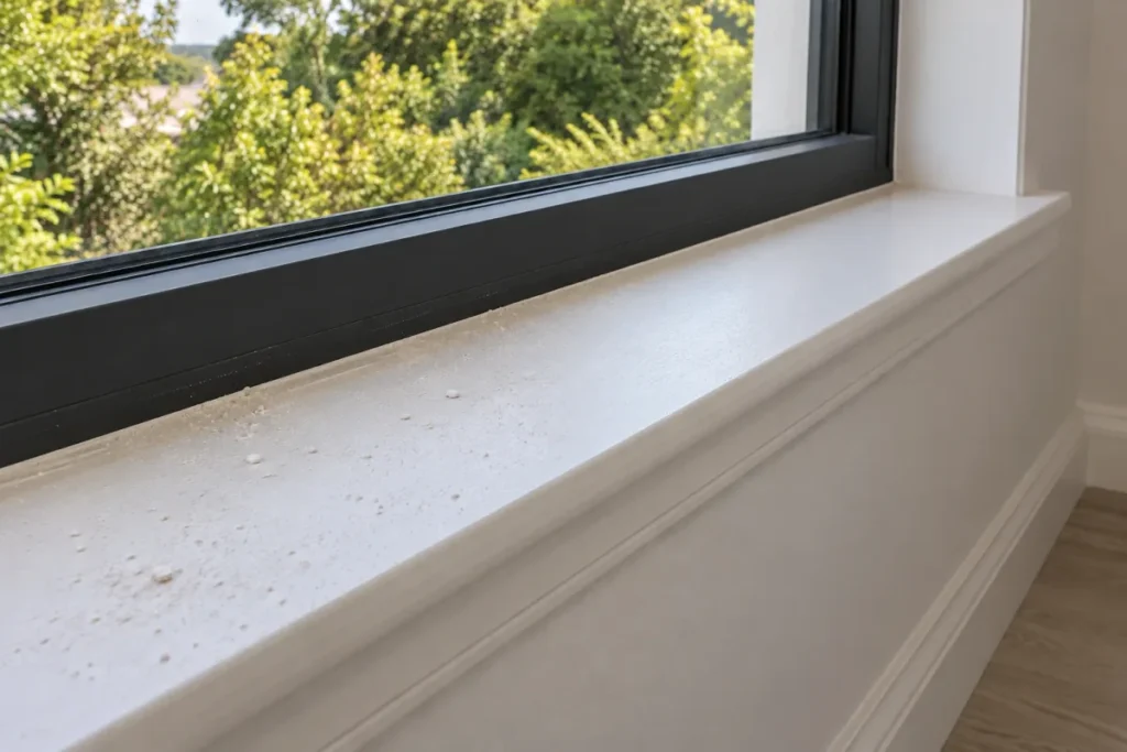 White window sill under a black frame sprinkled with plaster specks – builders cleaning in Ivanhoe