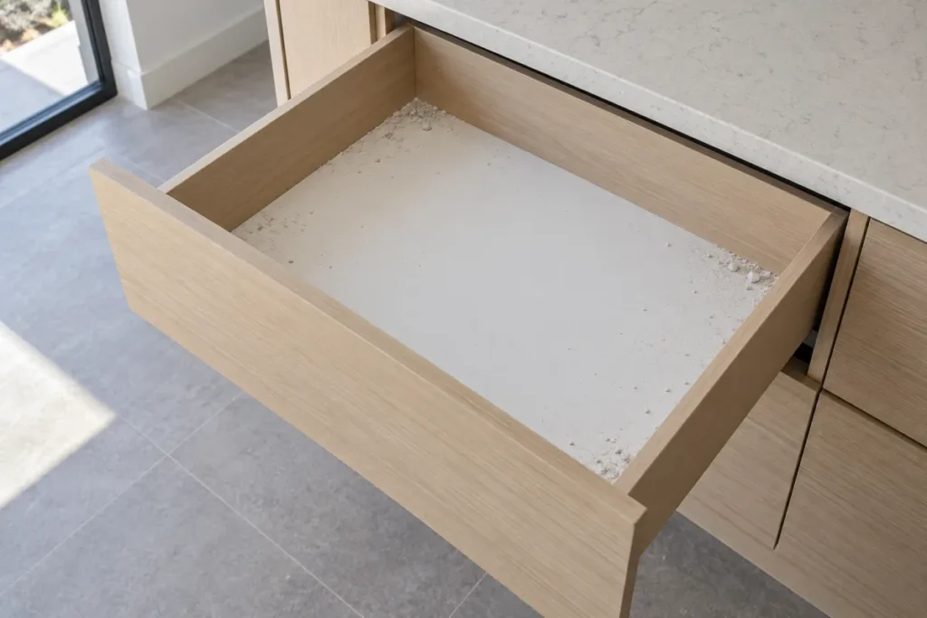 Open timber kitchen drawer with fine plaster dust on its base – builders cleaning in Jolimont