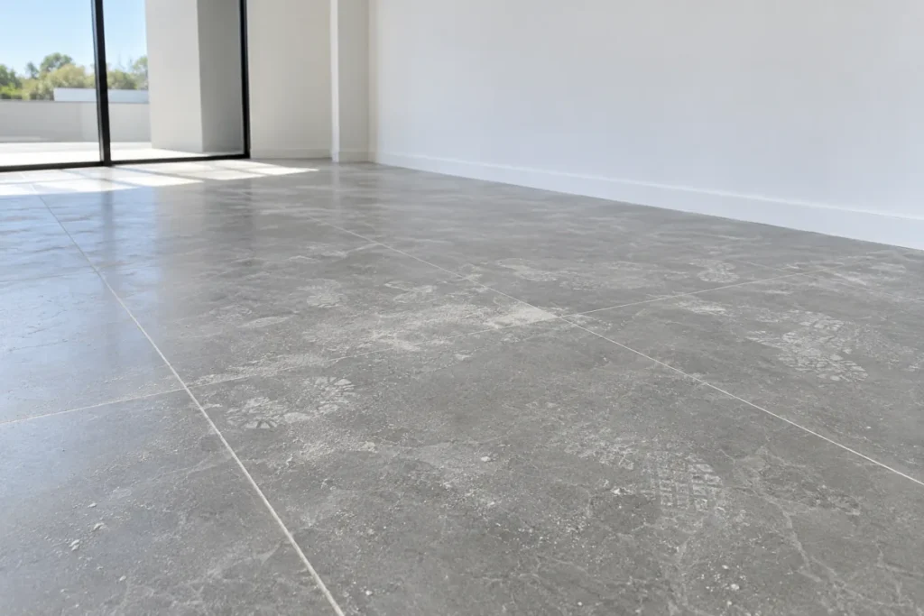 Grey porcelain floor tiles coated in plaster film and boot prints – builders cleaning in Kew