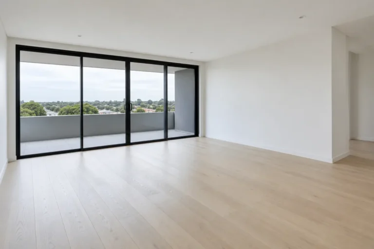 Clean empty apartment living room with timber floor and balcony doors – builders cleaning in Melbourne