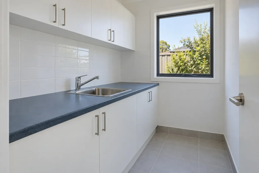 Clean new laundry with white cabinets, a steel sink and a window – builders cleaning in Mitcham