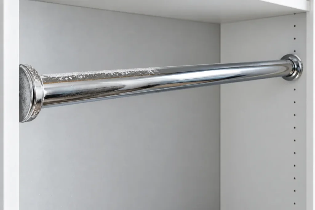 Chrome wardrobe hanging rail with a line of plaster dust along its top – builders cleaning in Northcote