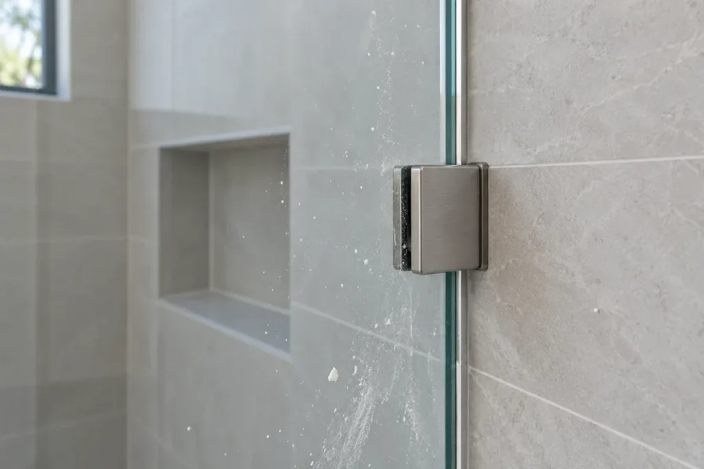 Shower glass panel and hinge speckled with plaster residue – builders cleaning in Pascoe Vale