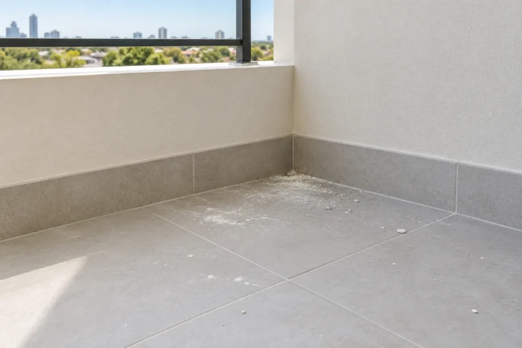 Tiled apartment balcony corner with a pile of construction dust – builders cleaning in Ringwood