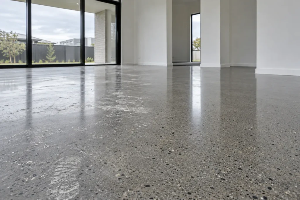 Polished concrete floor in a new home with dusty patches and a boot print – builders cleaning in Surrey Hills