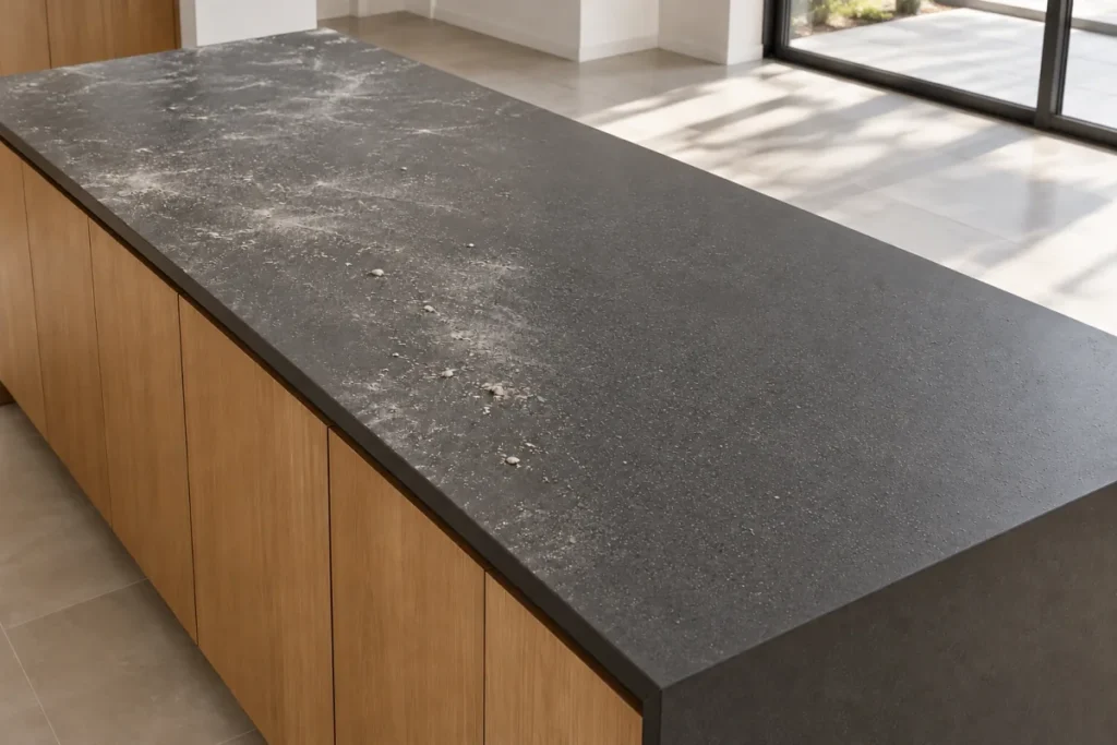 Dark stone kitchen island bench with dust smears and plaster crumbs – builders cleaning in Thornbury