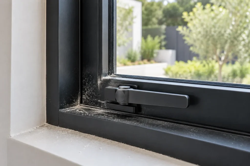 Black window latch and frame track coated in fine plaster dust – builders cleaning in Yarraville