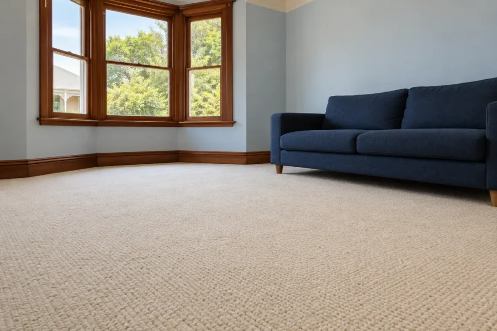 Clean cream carpet in a room with a bay window and a navy sofa – carpet cleaning