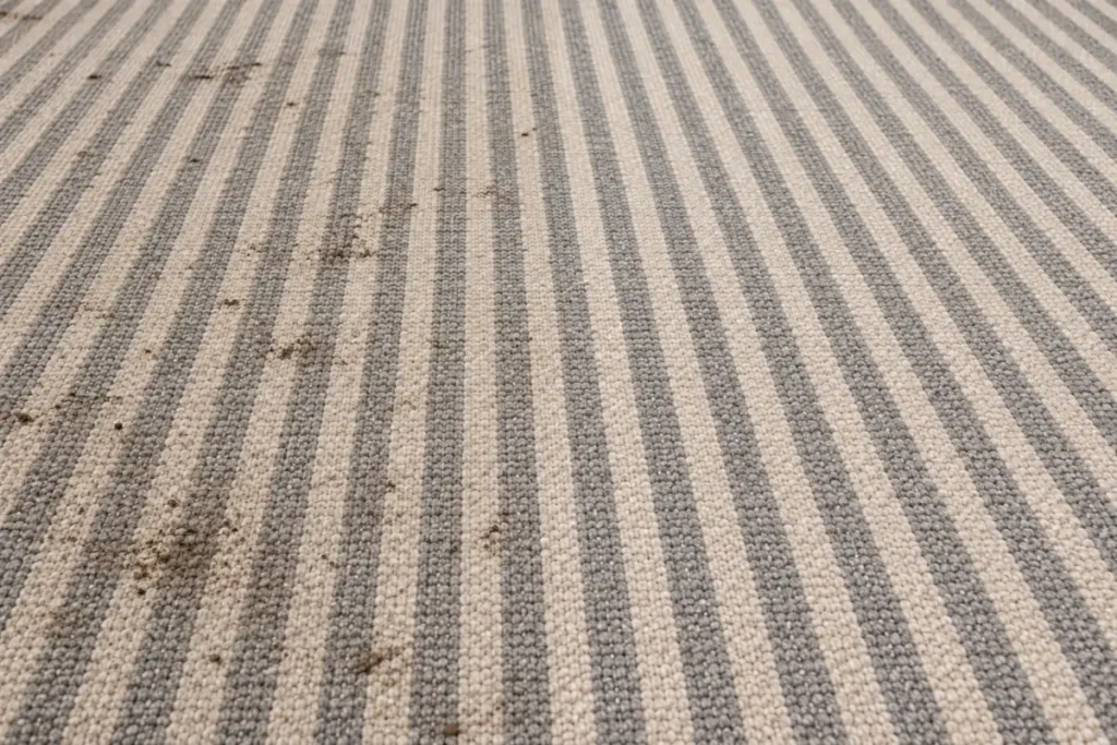 Grey and cream striped carpet with dry mud and grit marks on the left – carpet cleaning in Belmont
