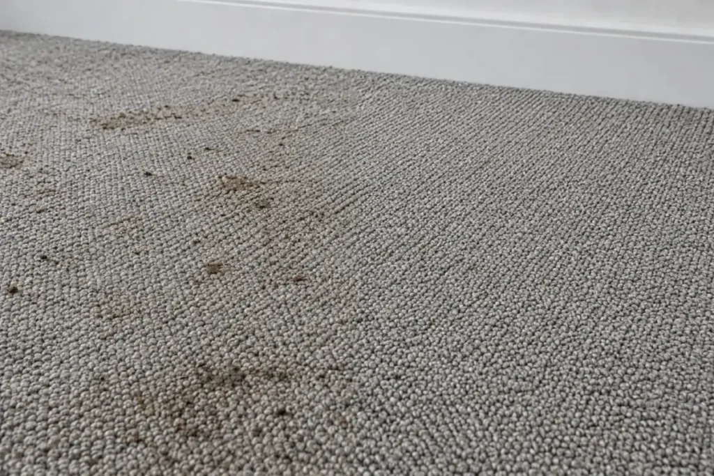 Grey loop pile carpet with soil and grit on the left, right half cleaned – carpet cleaning in Broadmeadows