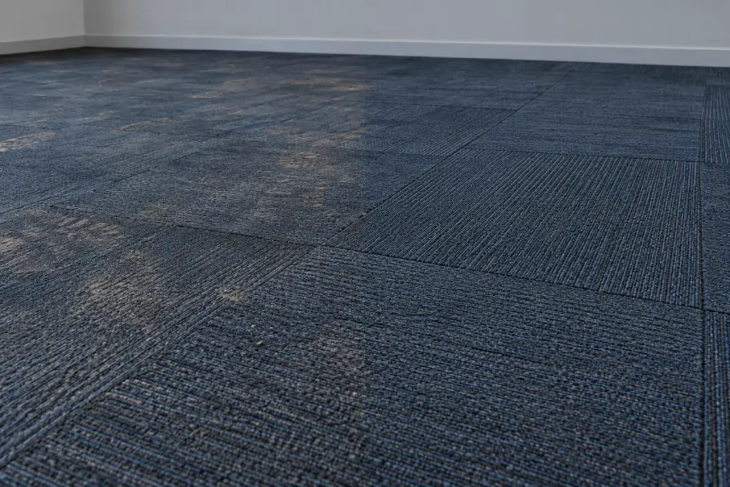 Blue carpet tiles with dusty, soiled patches in an empty room – carpet cleaning in Camberwell