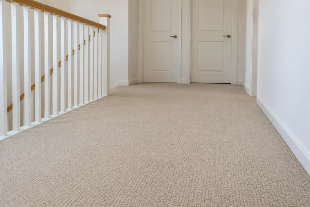 Clean beige carpet on an upstairs landing beside a white balustrade – carpet cleaning in Cheltenham
