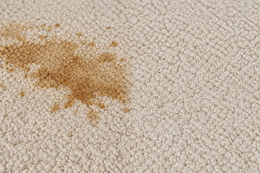 Orange tea spill stain soaked into cream berber loop carpet – carpet cleaning in Geelong West