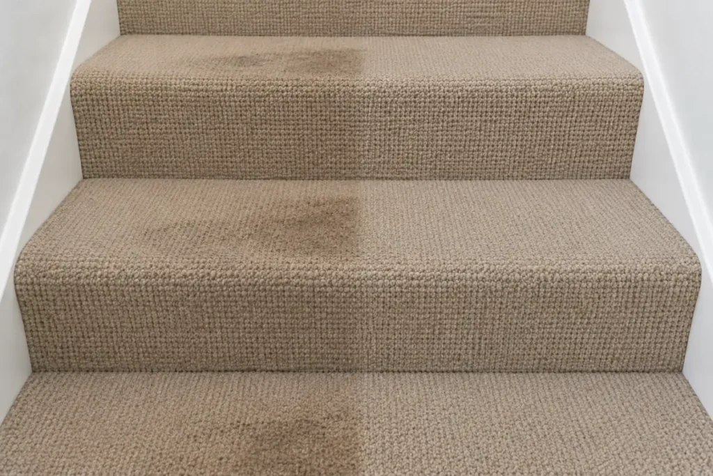 Beige carpeted stair treads with soil marks, the right half cleaned – carpet cleaning in Glen Huntly