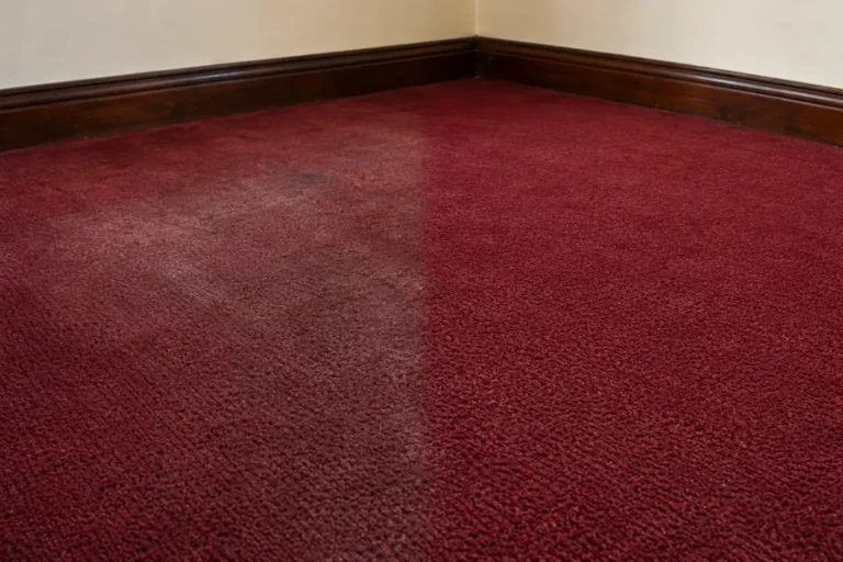 Burgundy carpet in a room corner with traffic soil, the right half cleaned – carpet cleaning