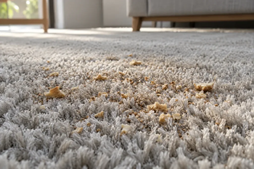 Biscuit crumbs caught in a grey long pile shag carpet near a sofa – carpet cleaning in Hoppers Crossing