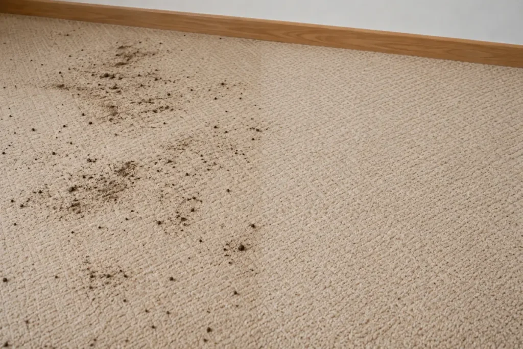 Patterned beige carpet with scattered soil on the left, right half cleaned – carpet cleaning in Lara