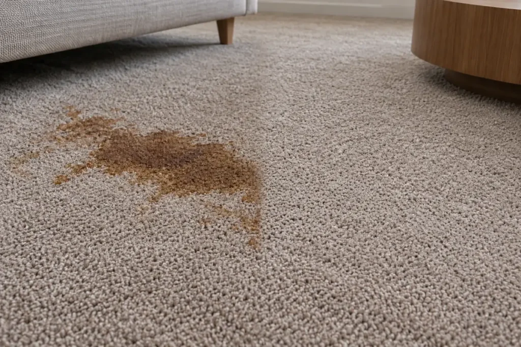 Brown coffee spill stain on taupe carpet between a sofa and side table – carpet cleaning in Molonglo Valley