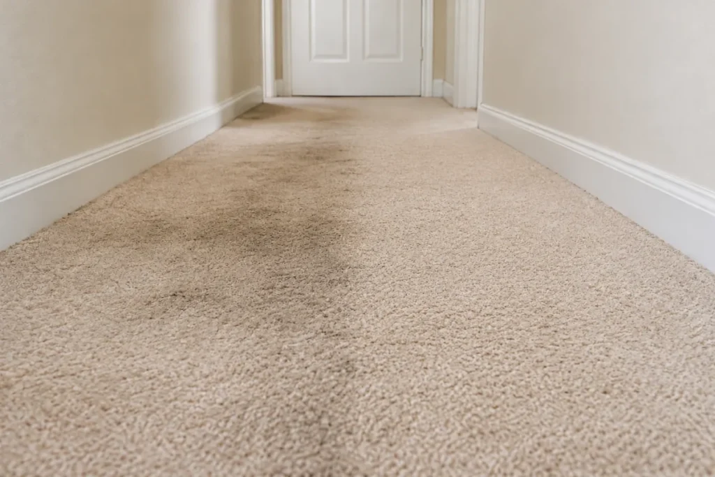 Cream cut pile hallway carpet with a dark traffic soil path on the left – carpet cleaning in Newport