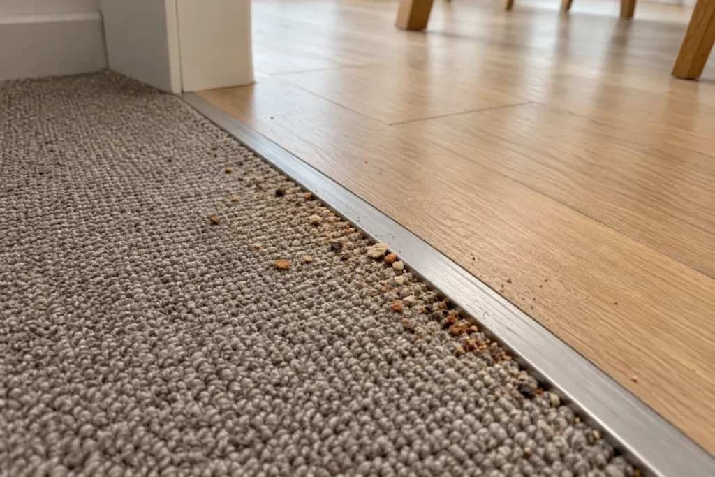 Food crumbs along a carpet edge where it meets a timber floor trim – carpet cleaning in North Canberra