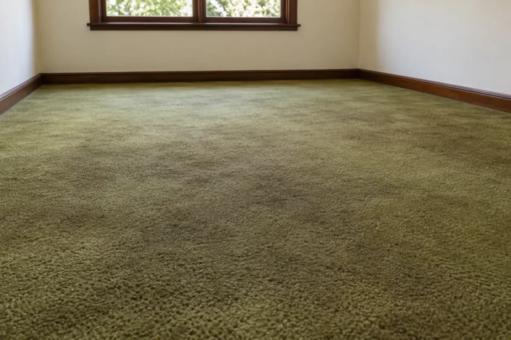 Olive green carpet in an empty room with darker traffic soil patches – carpet cleaning in Pascoe Vale