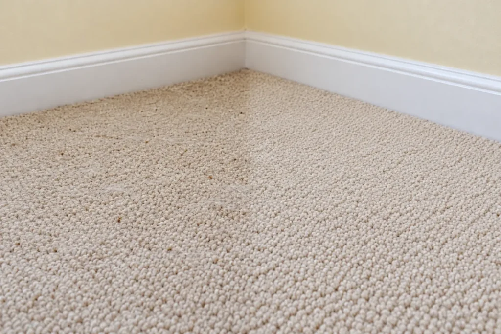 Beige loop carpet in a room corner with hair on the left, right half cleaned – carpet cleaning in Preston